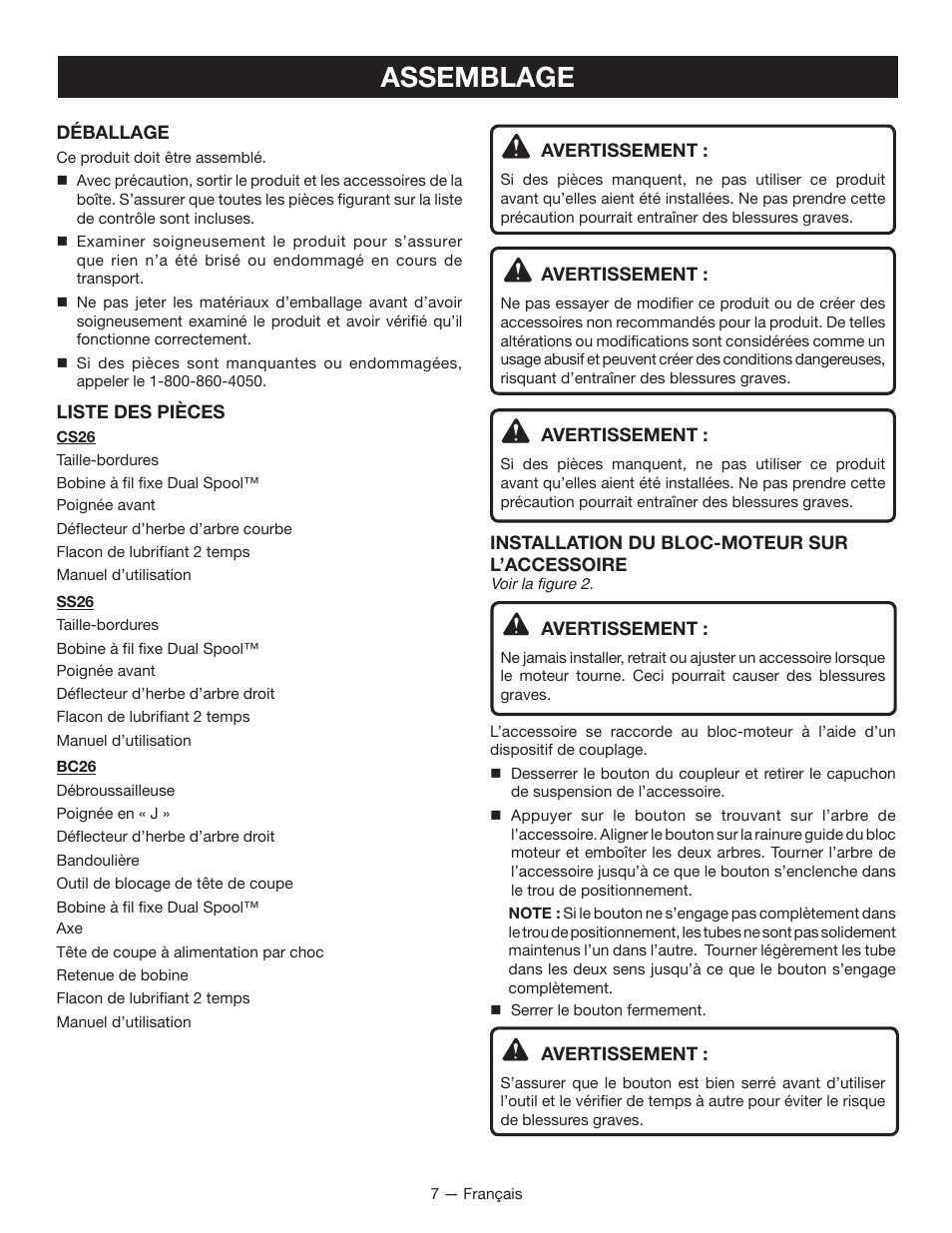 Assemblage | Ryobi CS26 User Manual | Page 29 / 58