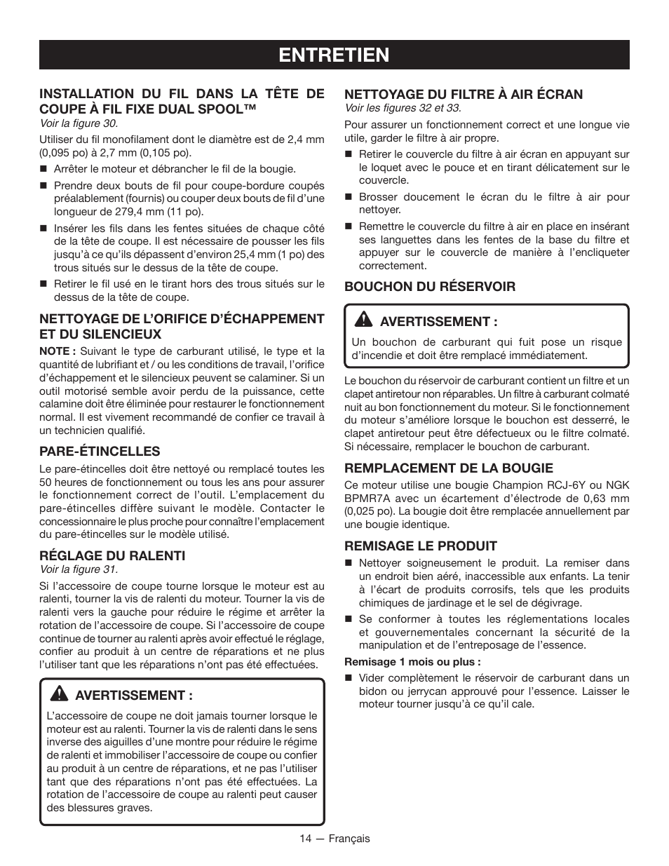 Entretien | Ryobi CS26 User Manual | Page 36 / 58