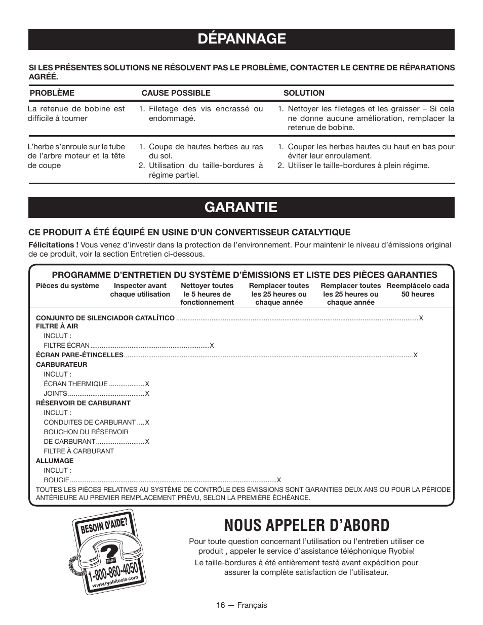 Nous appeler d’abord, Dépannage, Garantie | Besoin d’aid e | Ryobi CS26 User Manual | Page 38 / 58