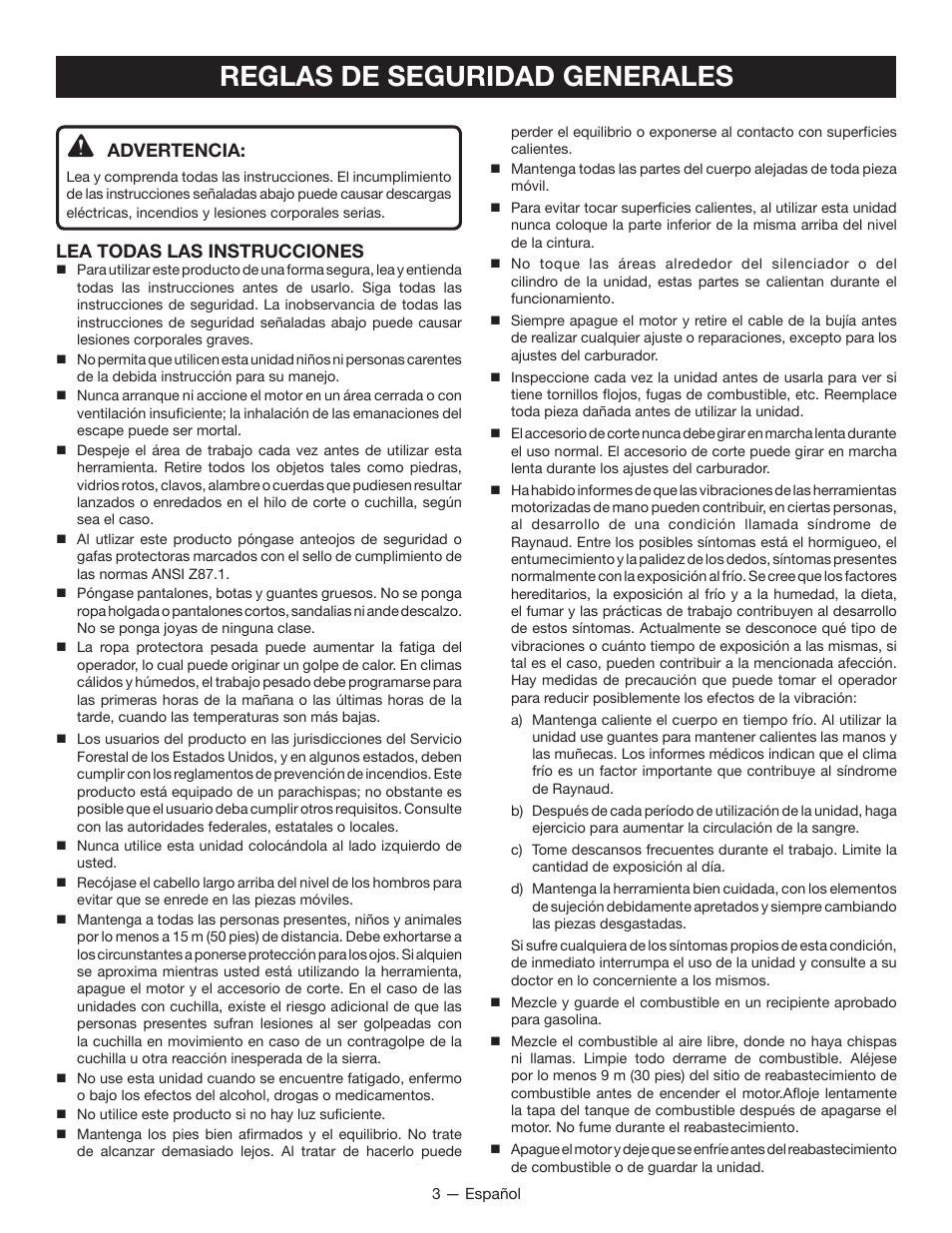 Reglas de seguridad generales, Advertencia, Lea todas las instrucciones | Ryobi CS26 User Manual | Page 41 / 58