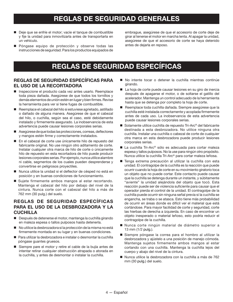 Reglas de seguridad específicas, Reglas de seguridad generales | Ryobi CS26 User Manual | Page 42 / 58