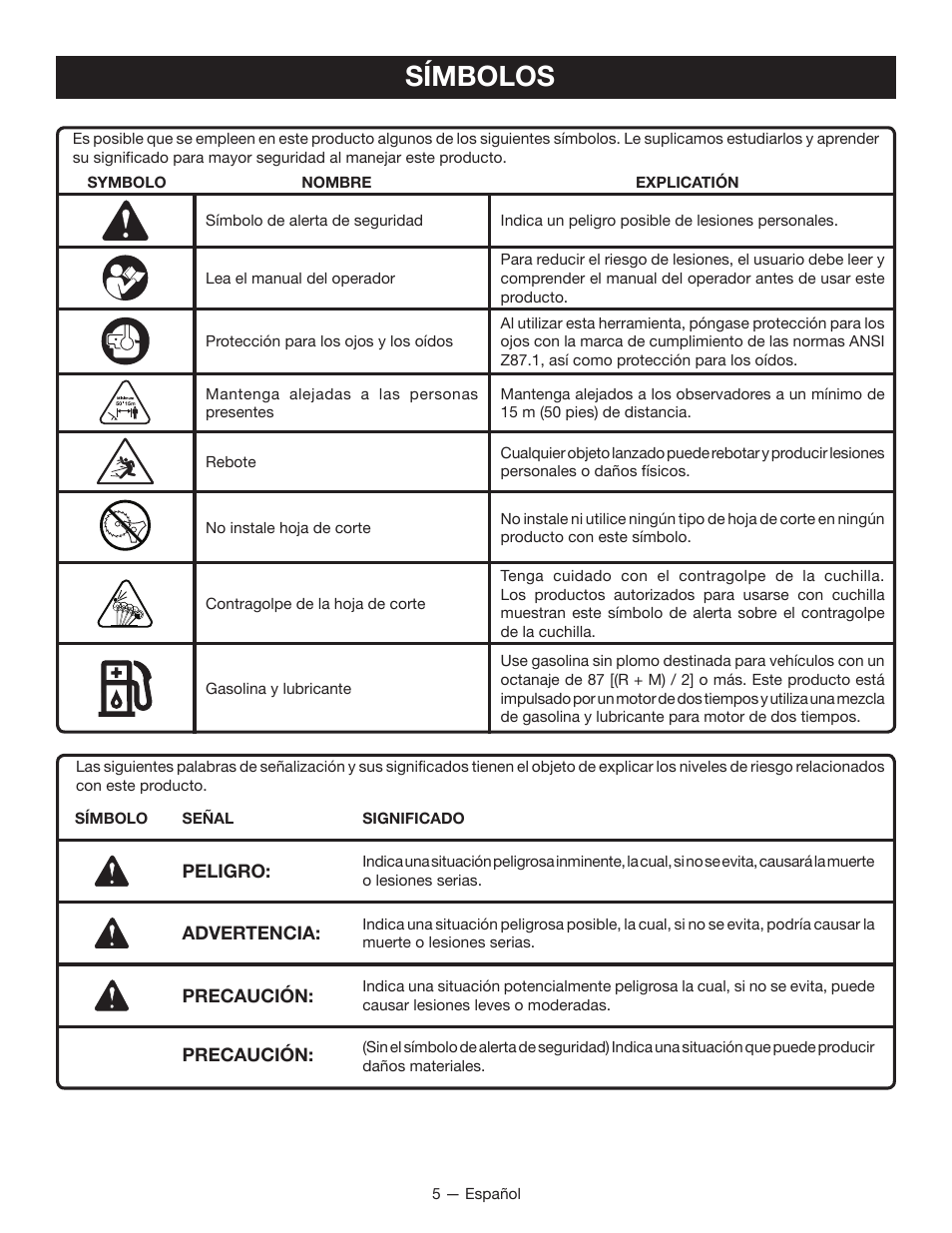 Símbolos | Ryobi CS26 User Manual | Page 43 / 58