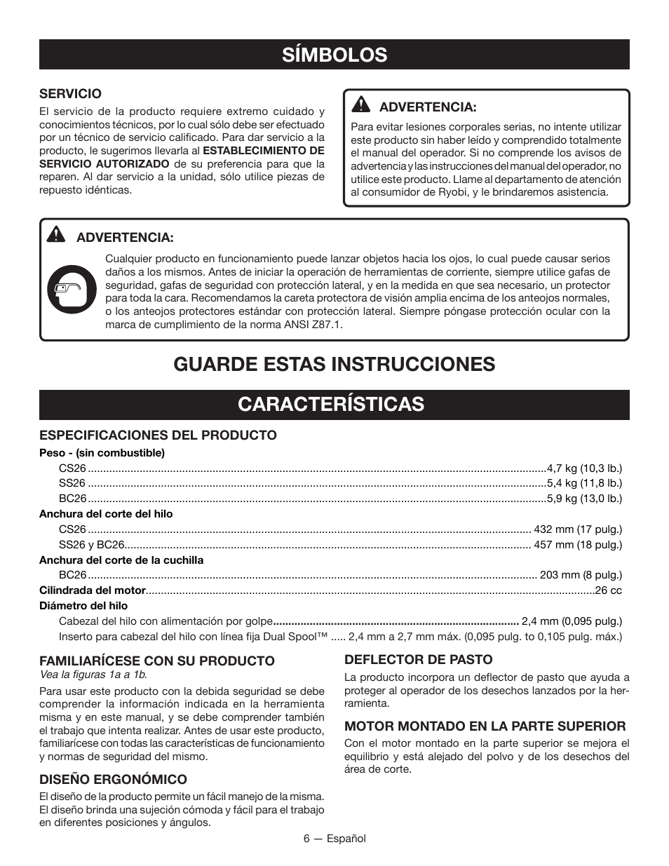 Símbolos, Guarde estas instrucciones características | Ryobi CS26 User Manual | Page 44 / 58