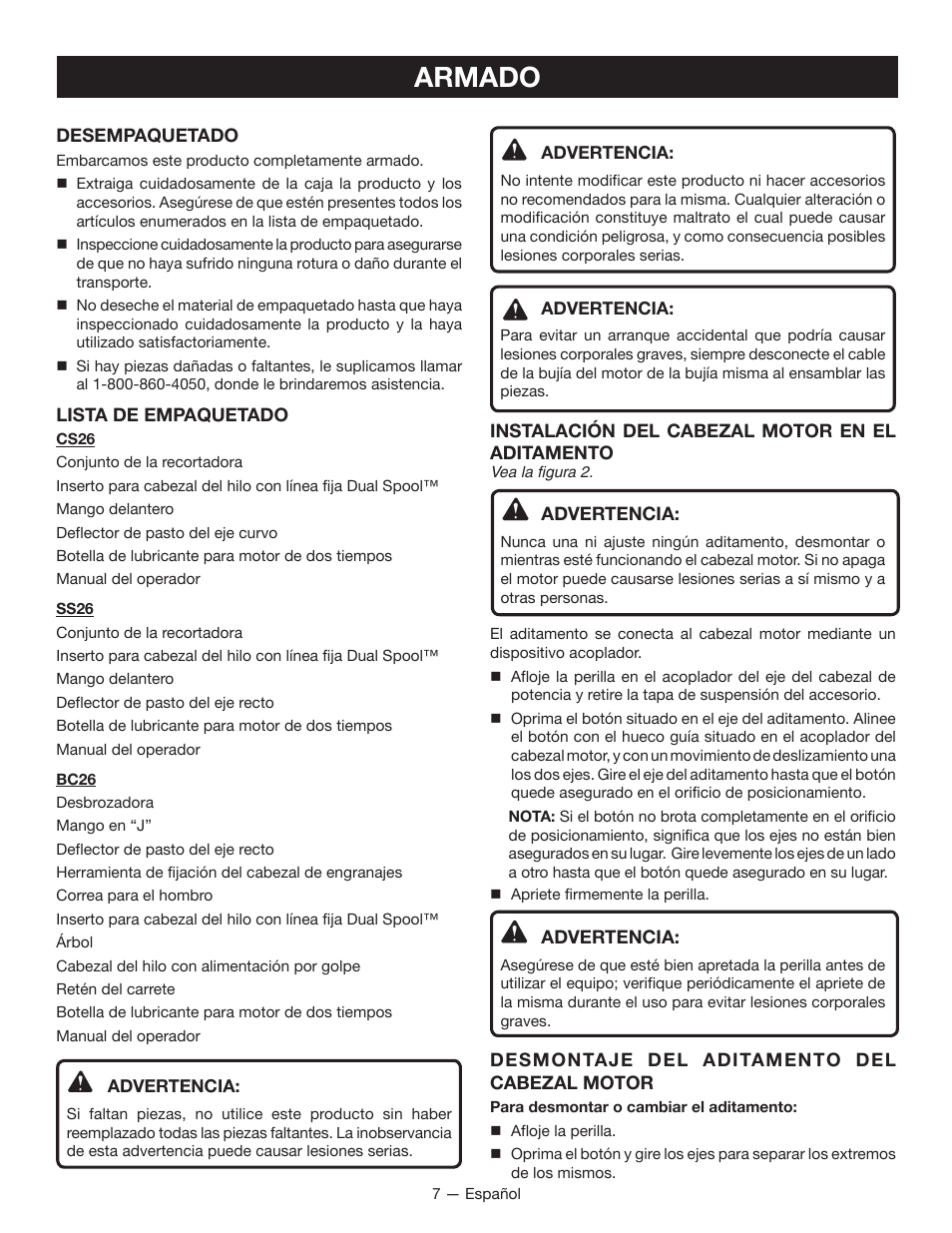 Armado | Ryobi CS26 User Manual | Page 45 / 58