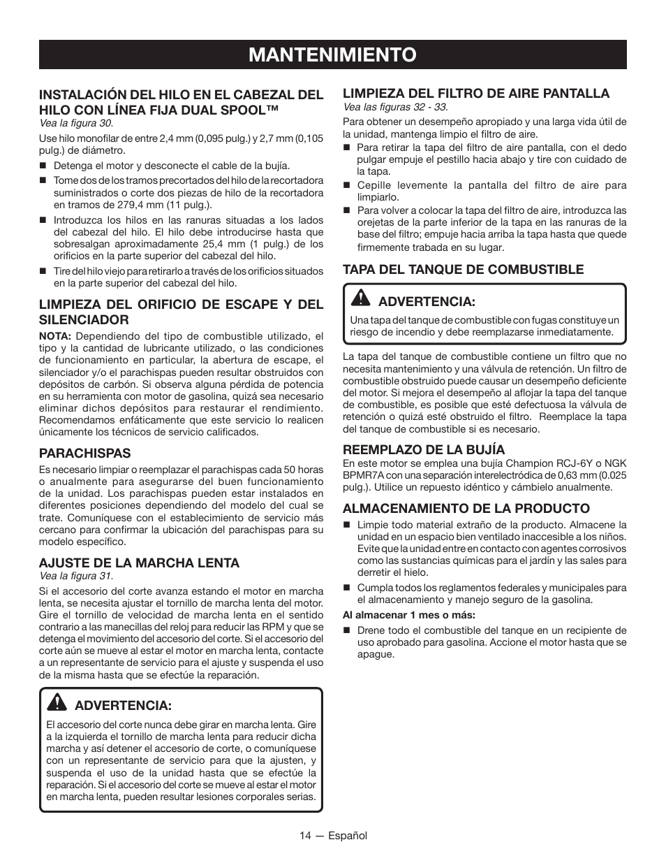 Mantenimiento | Ryobi CS26 User Manual | Page 52 / 58