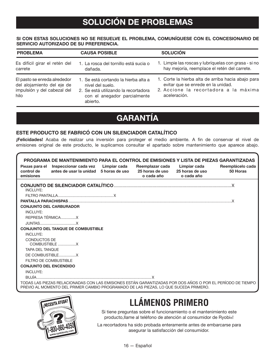 Llámenos primero, Solución de problemas, Garantía | Ryobi CS26 User Manual | Page 54 / 58