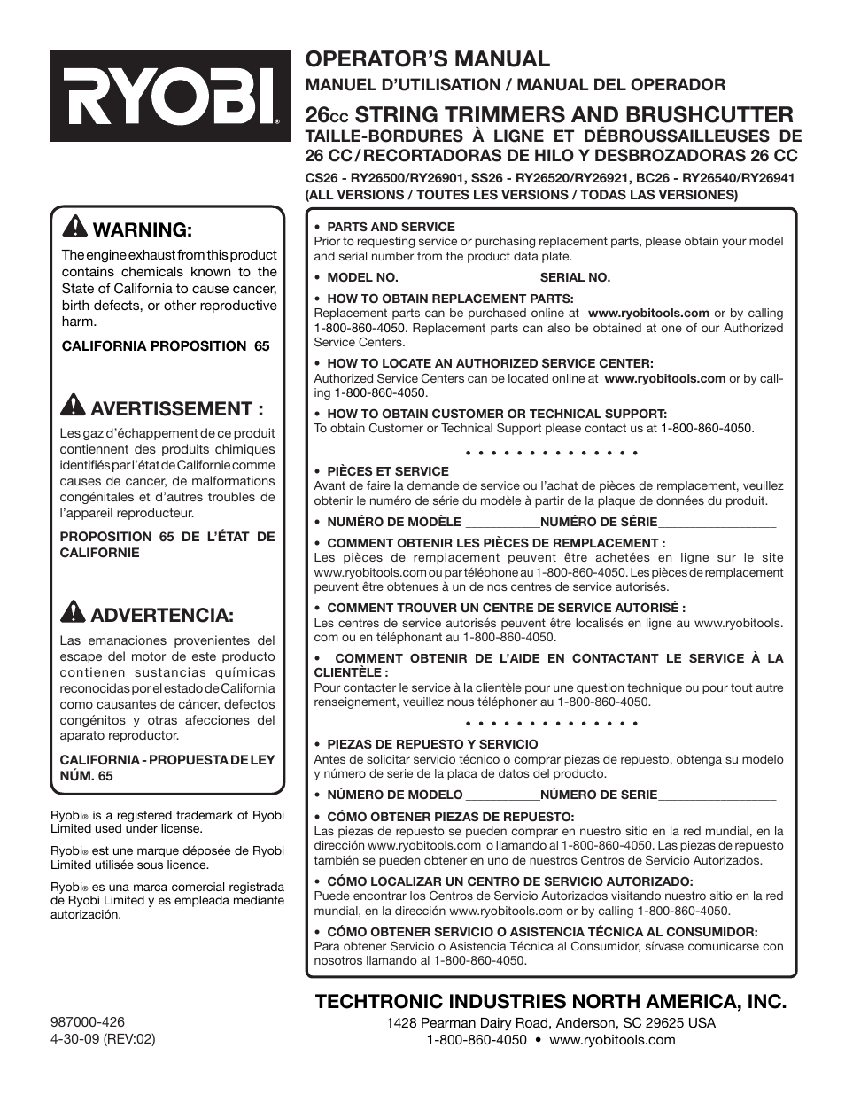 Operator’s manual, String trimmers and brushcutter, Warning | Techtronic industries north america, inc, Avertissement, Advertencia | Ryobi CS26 User Manual | Page 58 / 58