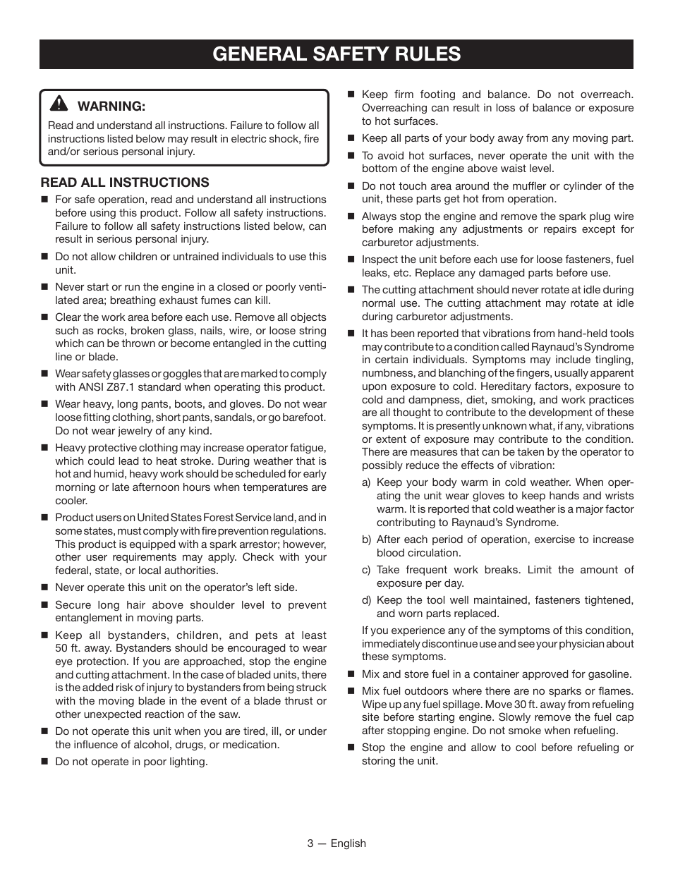 General safety rules | Ryobi CS26 User Manual | Page 9 / 58