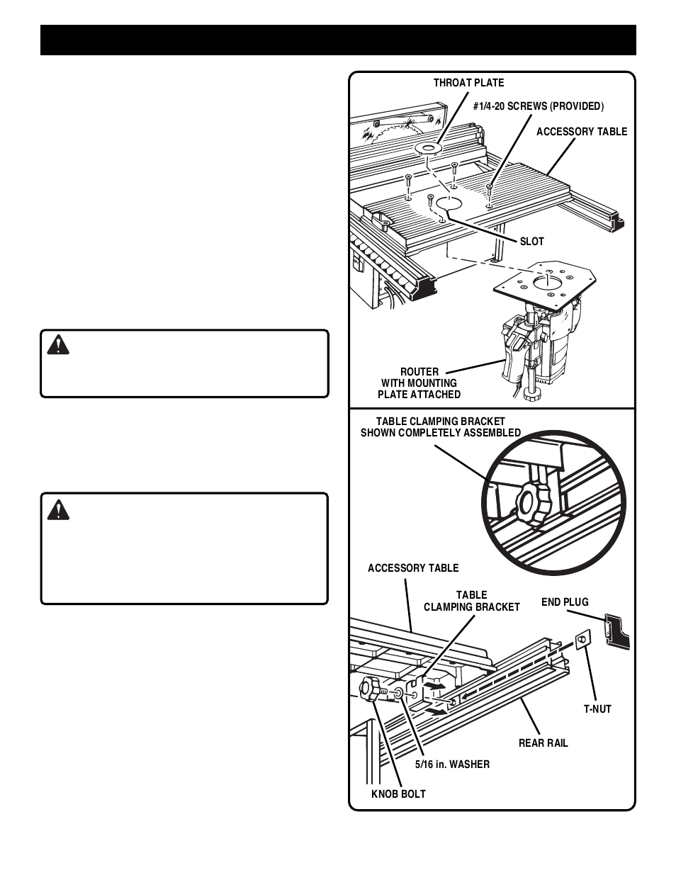 Router mounting, Caution, Warning | Ryobi 4950301 User Manual | Page 11 / 16