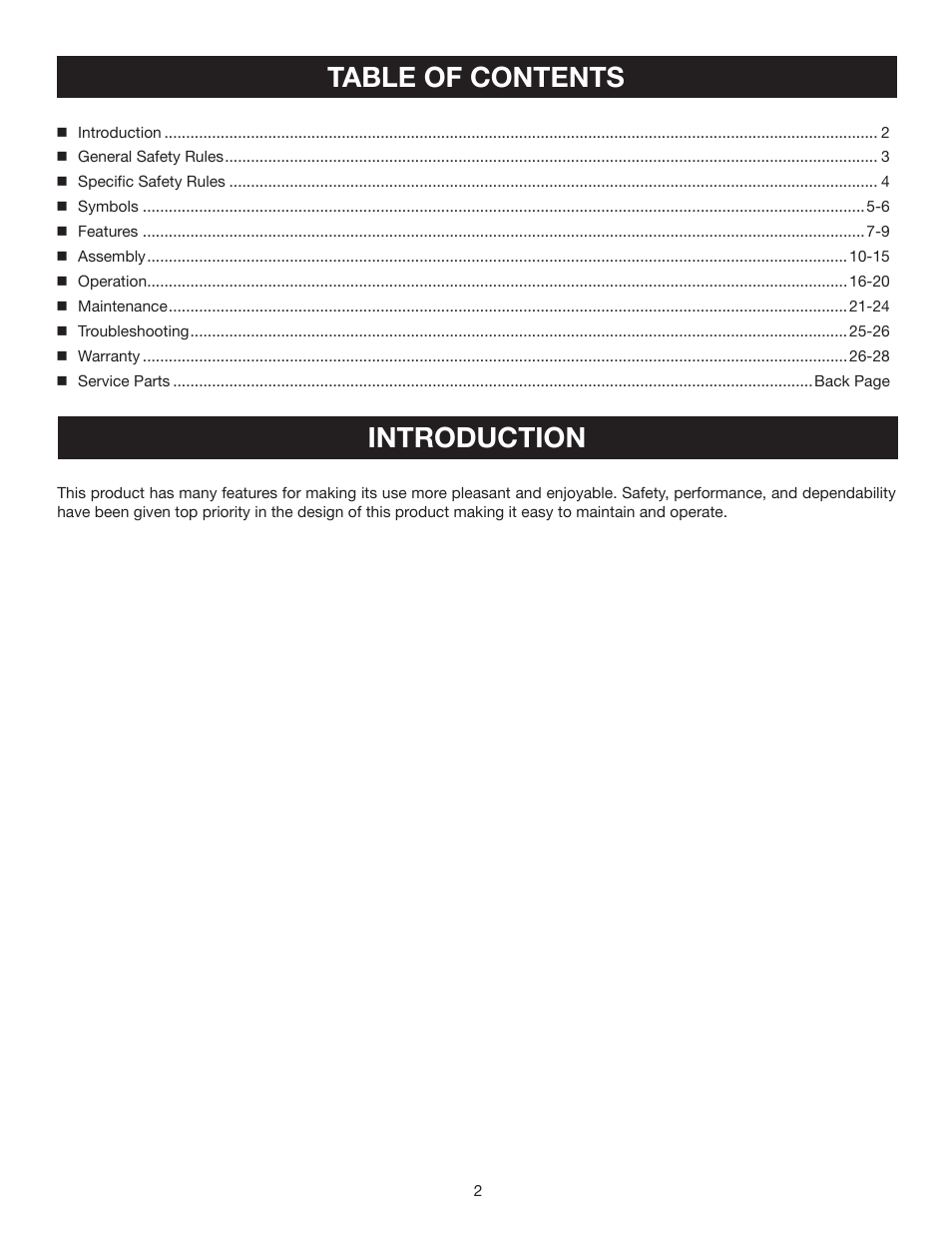 Table of contents introduction | Ryobi RY30931 User Manual | Page 2 / 30