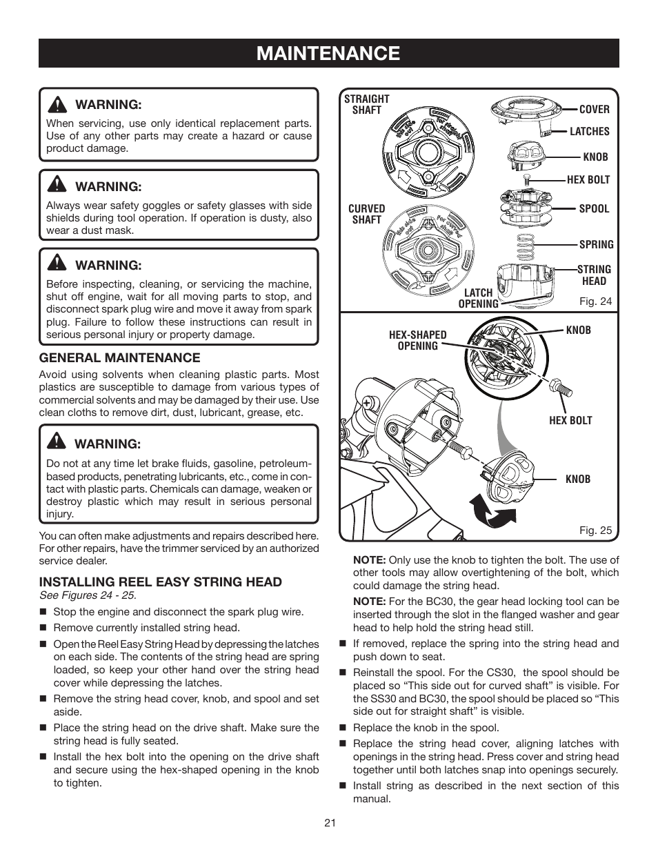 Maintenance | Ryobi RY30931 User Manual | Page 21 / 30