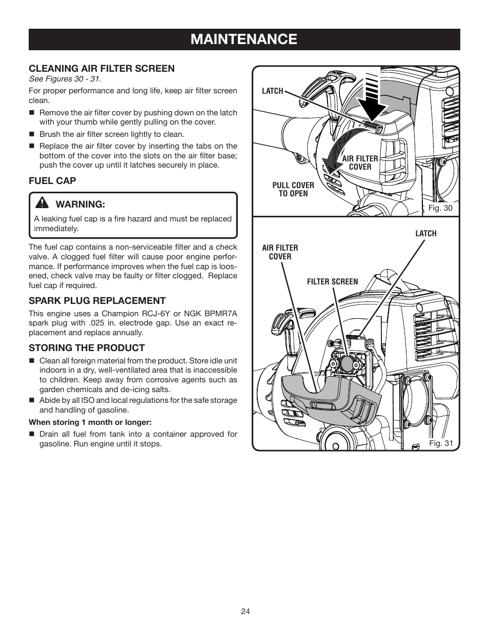 Maintenance | Ryobi RY30931 User Manual | Page 24 / 30