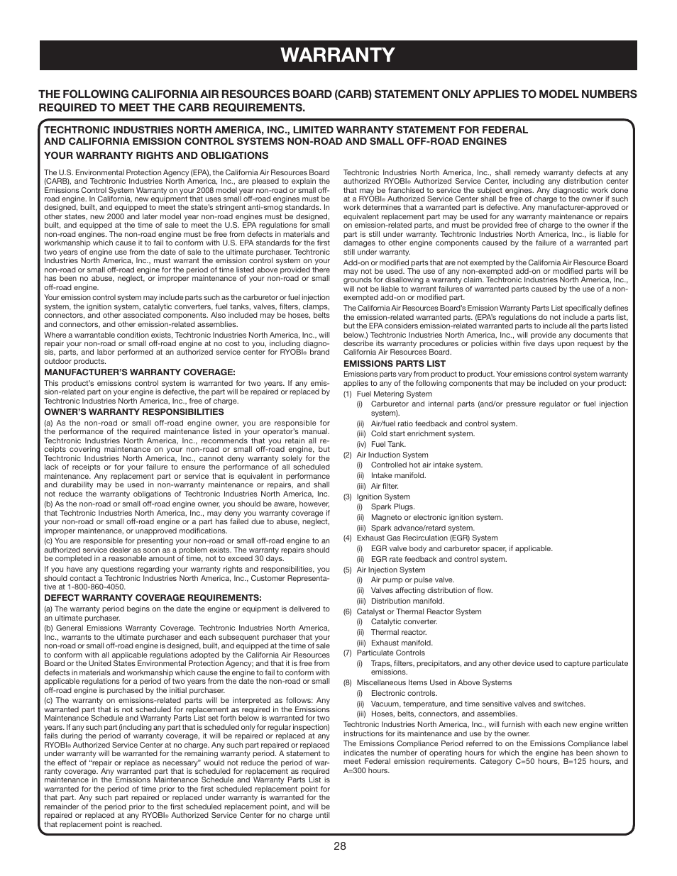 Warranty | Ryobi RY30931 User Manual | Page 28 / 30