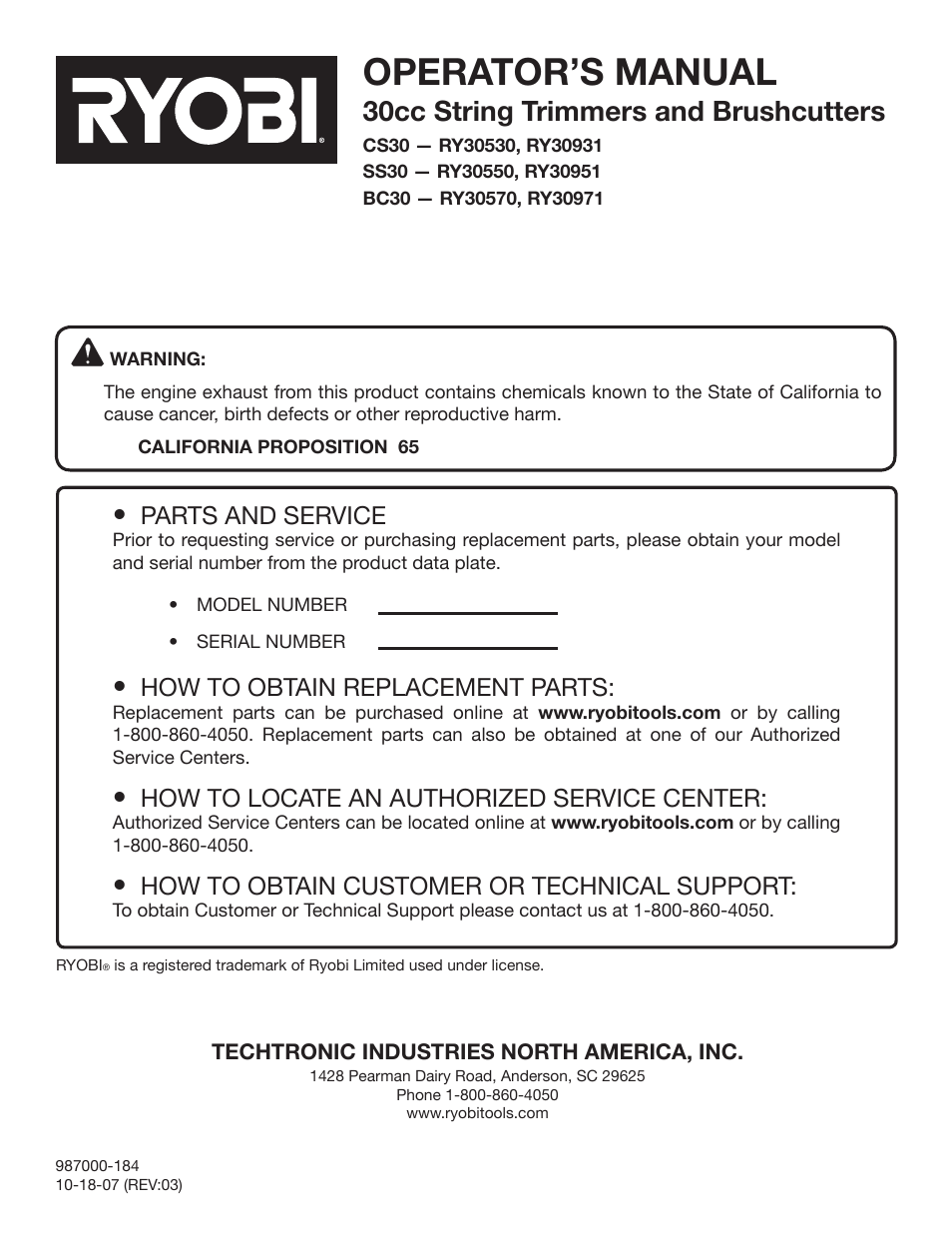 Operator’s manual, 30cc string trimmers and brushcutters, Parts and service | How to obtain replacement parts, How to locate an authorized service center, How to obtain customer or technical support | Ryobi RY30931 User Manual | Page 30 / 30