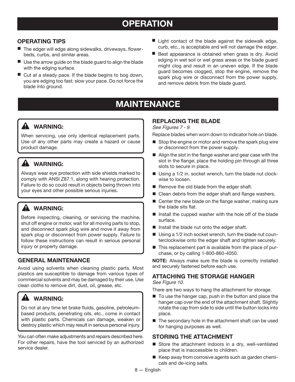 Operation, Maintenance | Ryobi RY15518 User Manual | Page 10 / 30