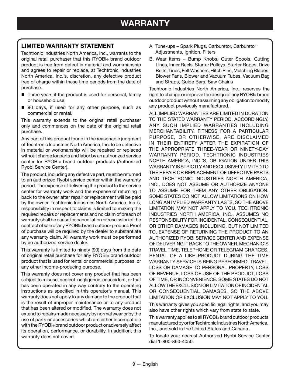 Warranty, Limited warranty statement | Ryobi RY15518 User Manual | Page 11 / 30