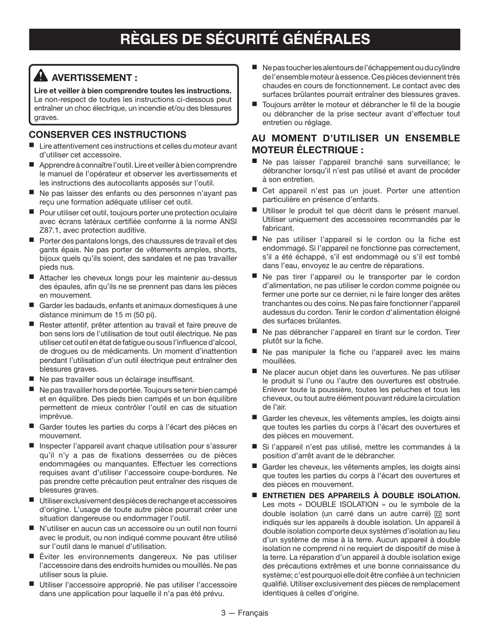 Règles de sécurité générales, Avertissement, Conserver ces instructions | Au moment d’utiliser un ensemble moteur électrique | Ryobi RY15518 User Manual | Page 12 / 30