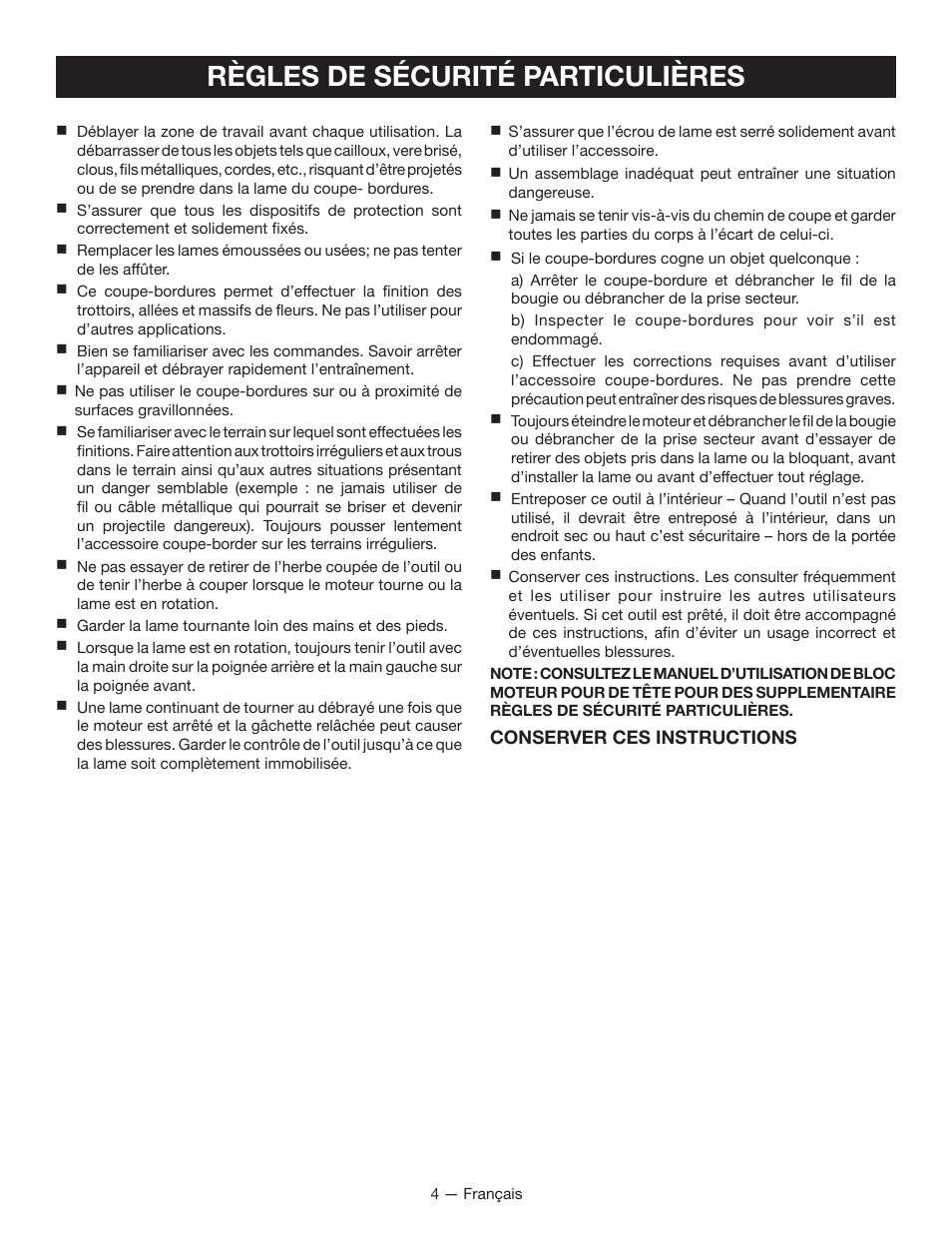 Règles de sécurité particulières | Ryobi RY15518 User Manual | Page 13 / 30