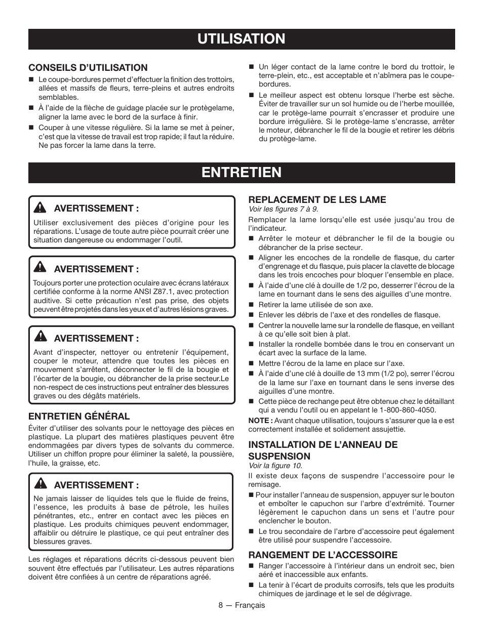 Utilisation, Entretien | Ryobi RY15518 User Manual | Page 17 / 30