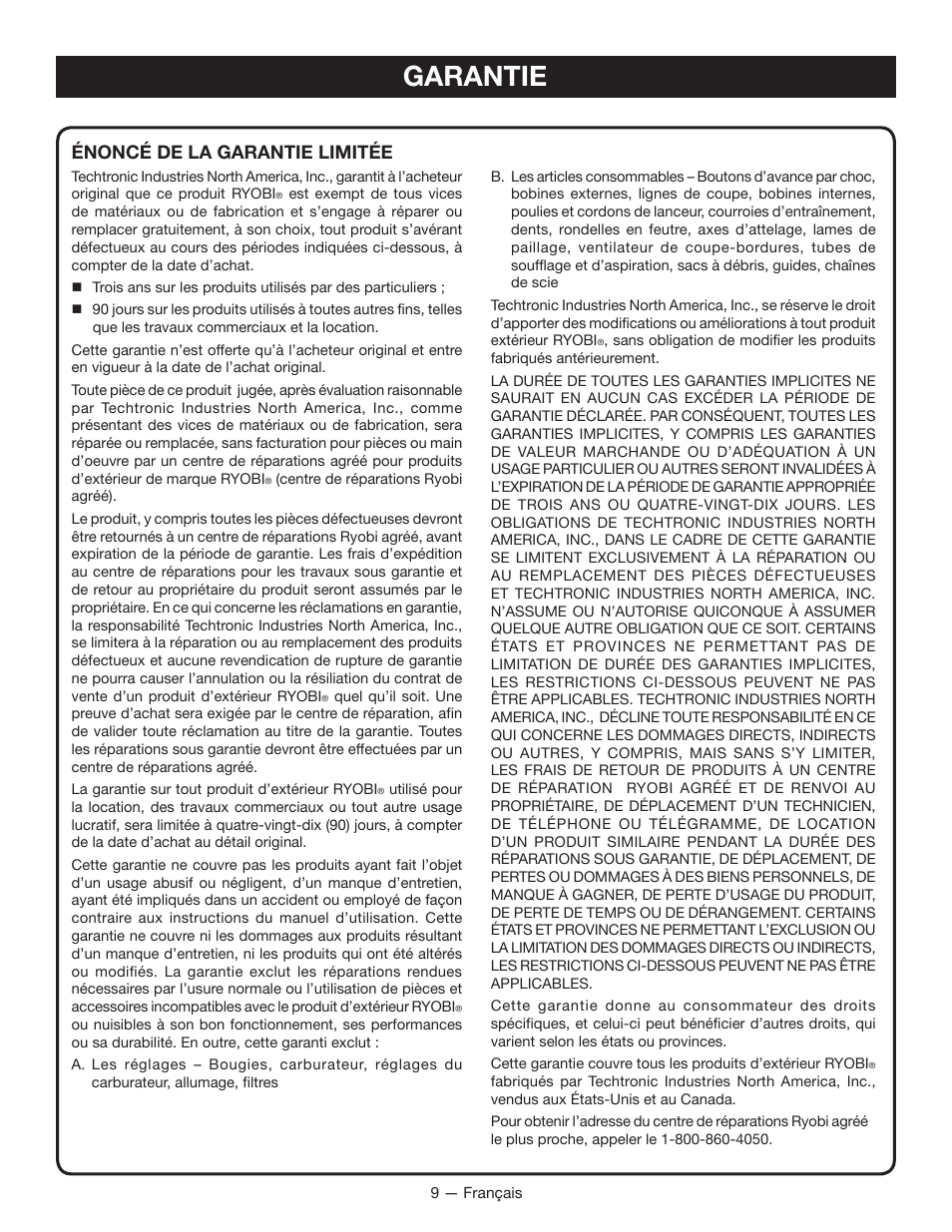 Garantie, Énoncé de la garantie limitée | Ryobi RY15518 User Manual | Page 18 / 30