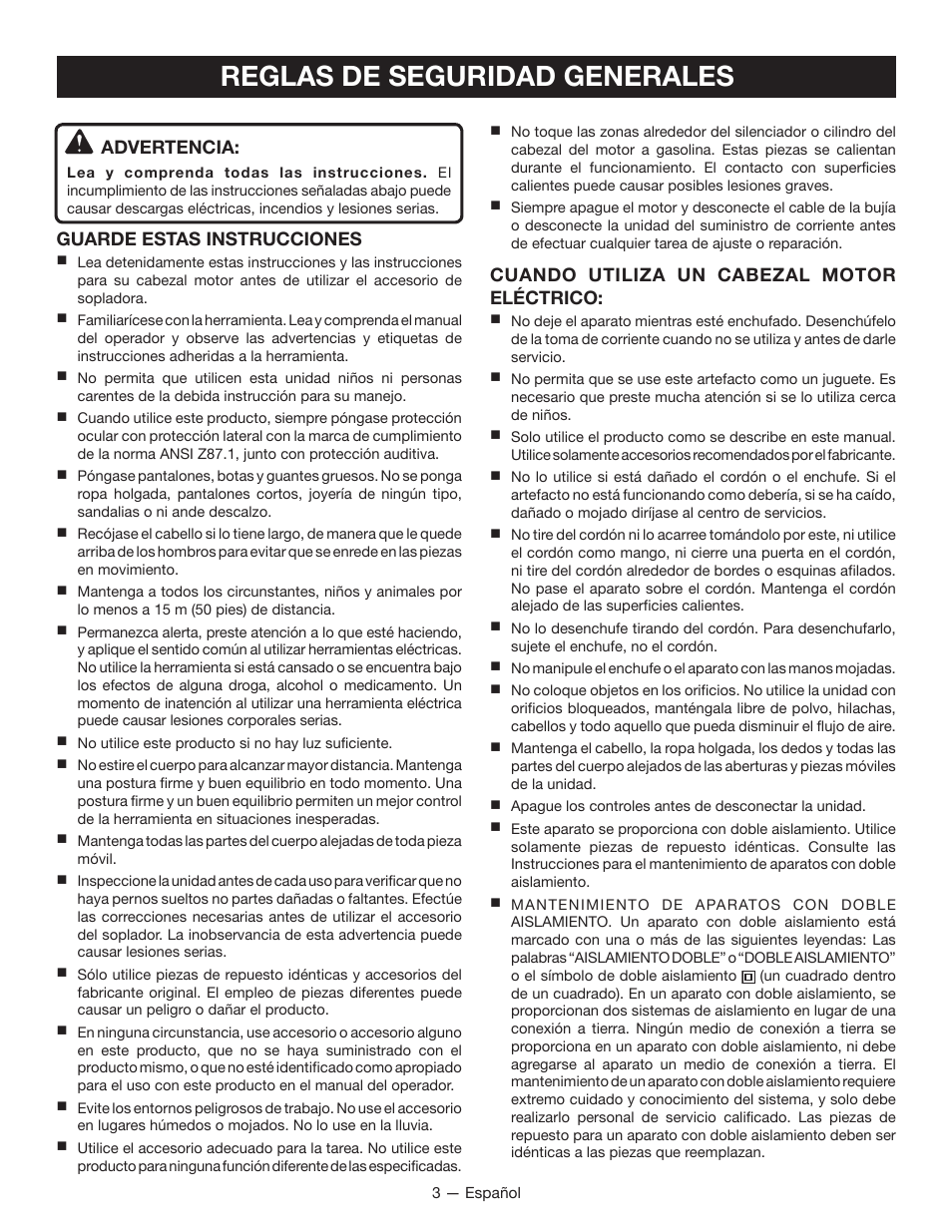 Reglas de seguridad generales, Advertencia, Guarde estas instrucciones | Cuando utiliza un cabezal motor eléctrico | Ryobi RY15518 User Manual | Page 19 / 30