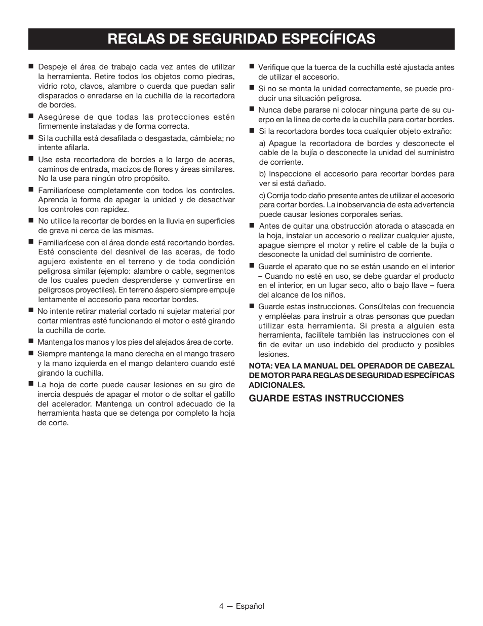 Reglas de seguridad específicas | Ryobi RY15518 User Manual | Page 20 / 30