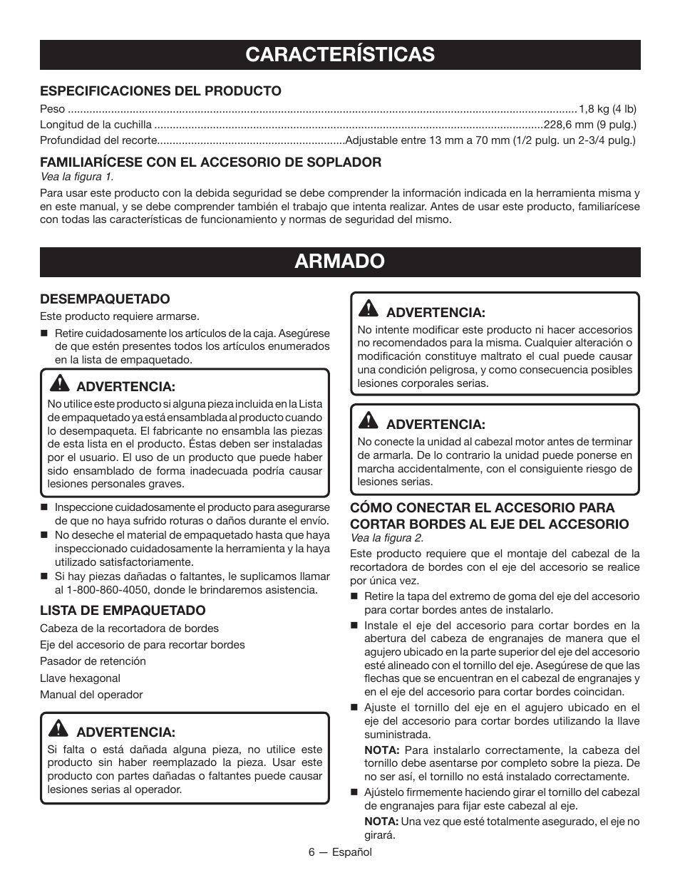 Características, Armado | Ryobi RY15518 User Manual | Page 22 / 30