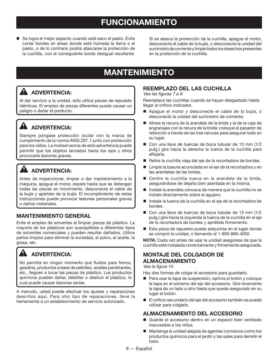 Funcionamiento, Mantenimiento | Ryobi RY15518 User Manual | Page 24 / 30