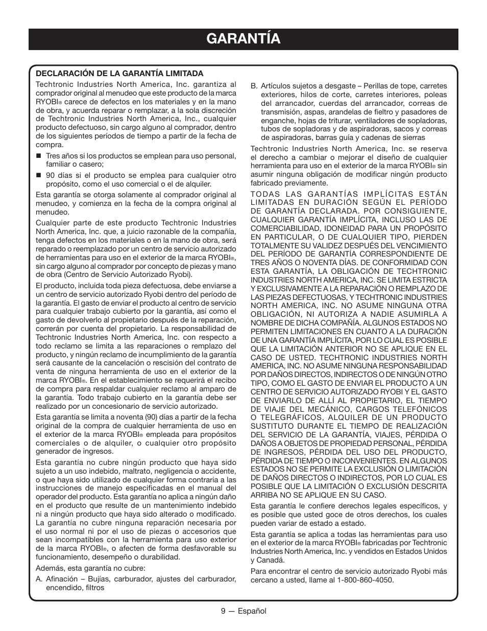 Garantía | Ryobi RY15518 User Manual | Page 25 / 30