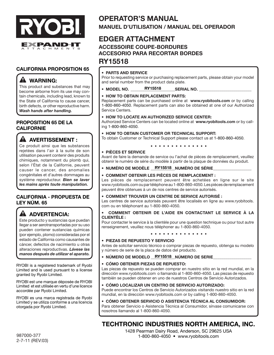 Operator’s manual, Edger attachment, Techtronic industries north america, inc | Ryobi RY15518 User Manual | Page 30 / 30