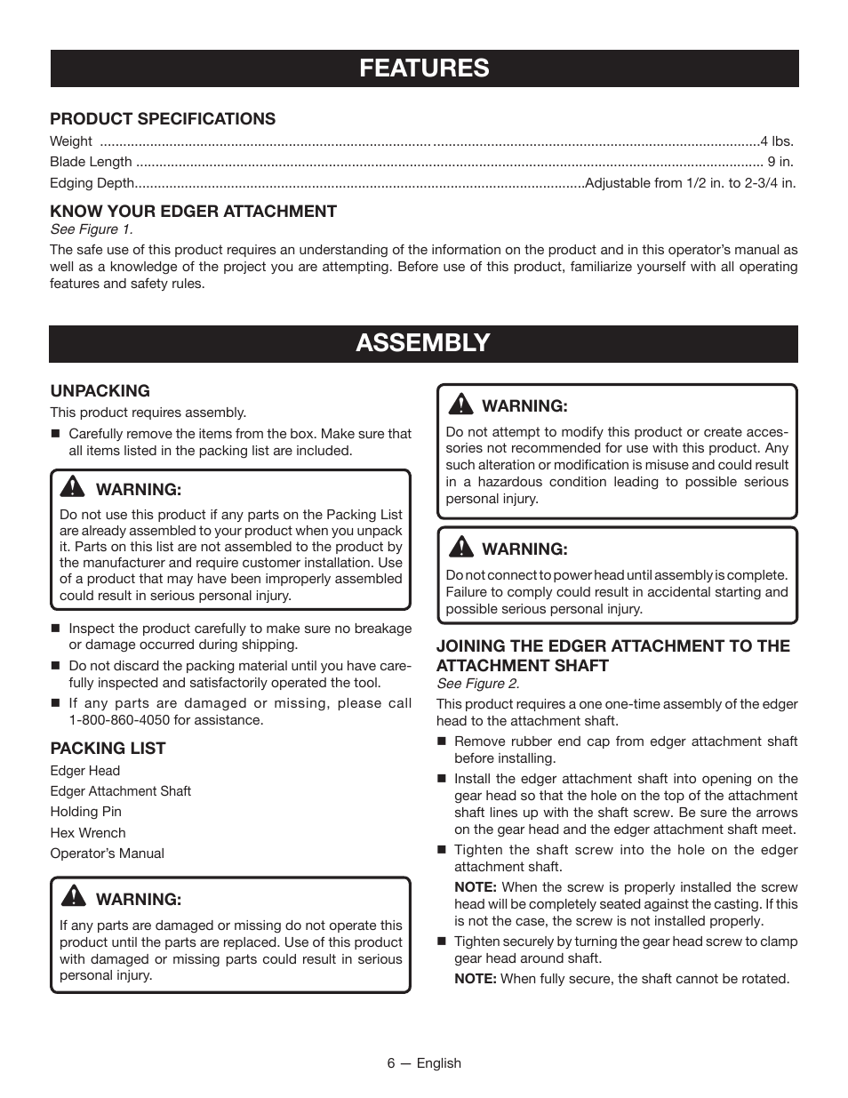 Features, Assembly | Ryobi RY15518 User Manual | Page 8 / 30