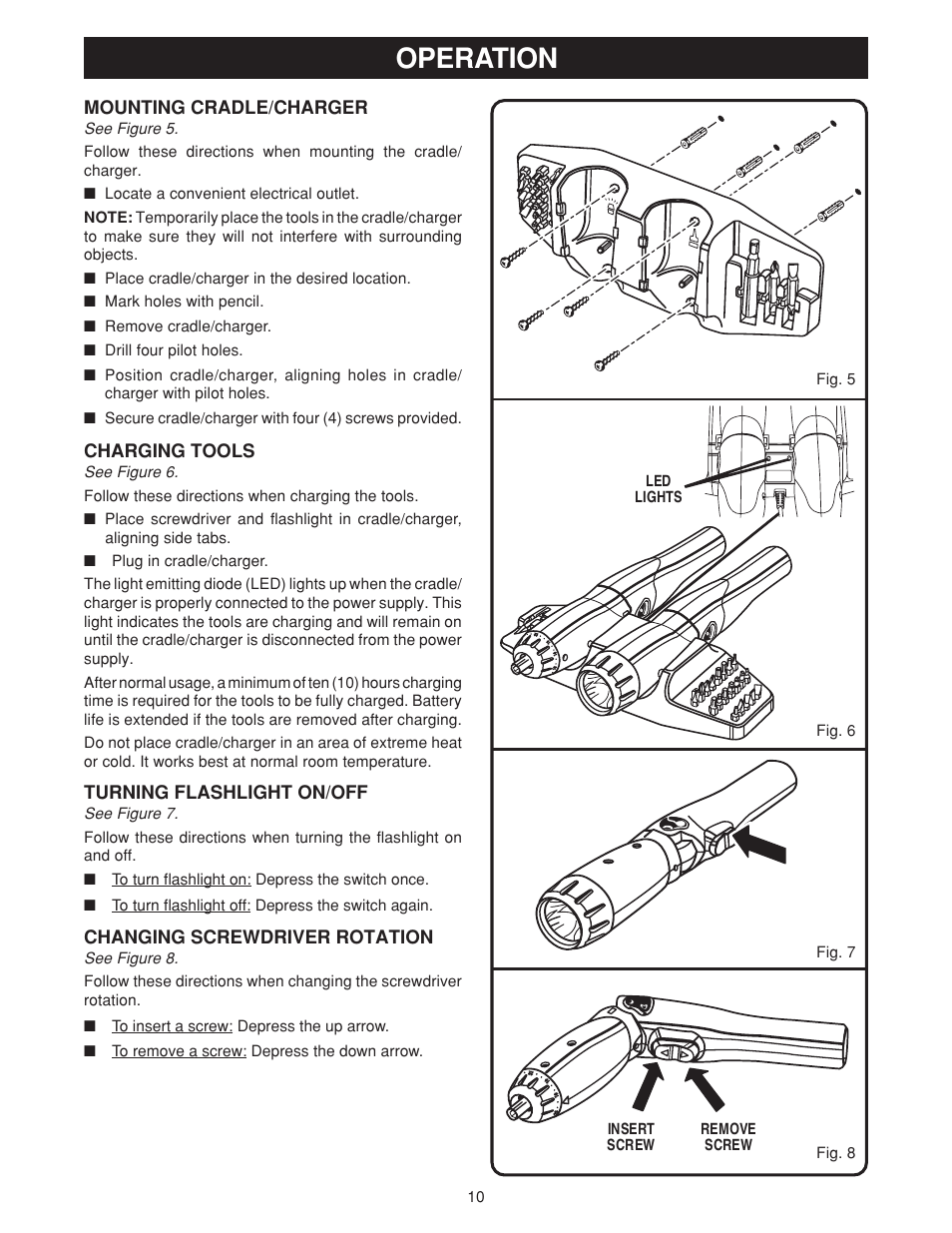 Operation, Mounting cradle/charger, Charging tools | Turning flashlight on/off, Changing screwdriver rotation | Ryobi HP36KF User Manual | Page 10 / 12