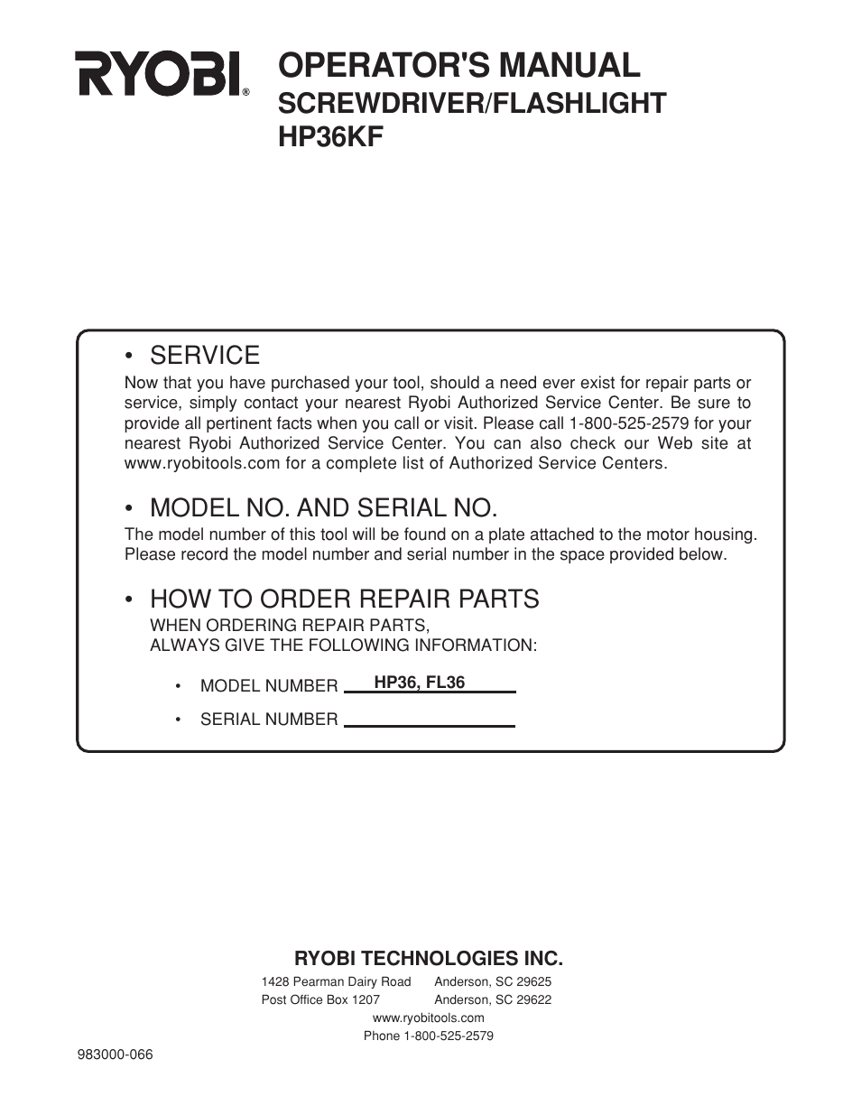 Operator's manual, Screwdriver/flashlight hp36kf, Service | Model no. and serial no, How to order repair parts | Ryobi HP36KF User Manual | Page 12 / 12