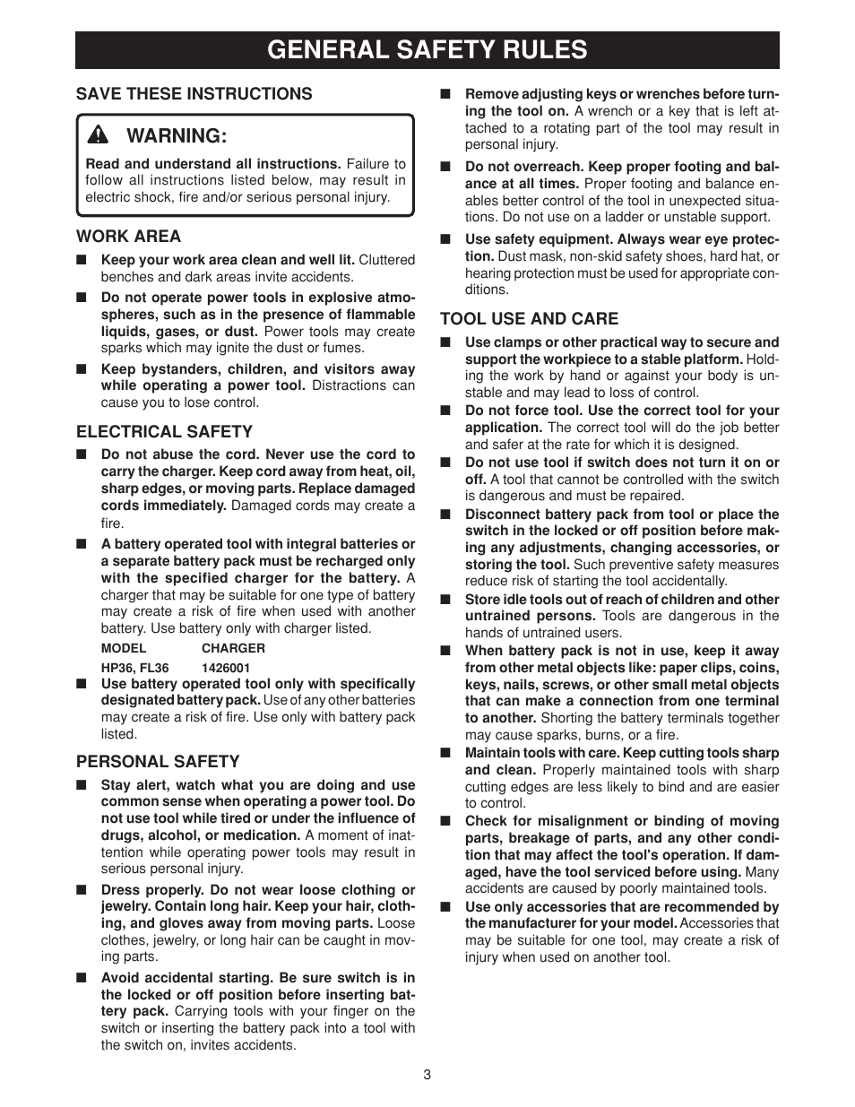 General safety rules, Warning | Ryobi HP36KF User Manual | Page 3 / 12