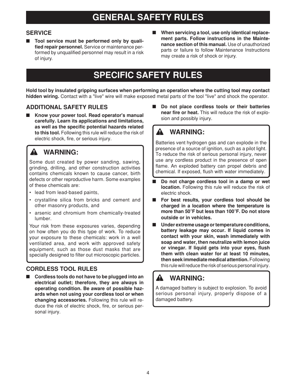 Specific safety rules, General safety rules, Warning | Ryobi HP36KF User Manual | Page 4 / 12