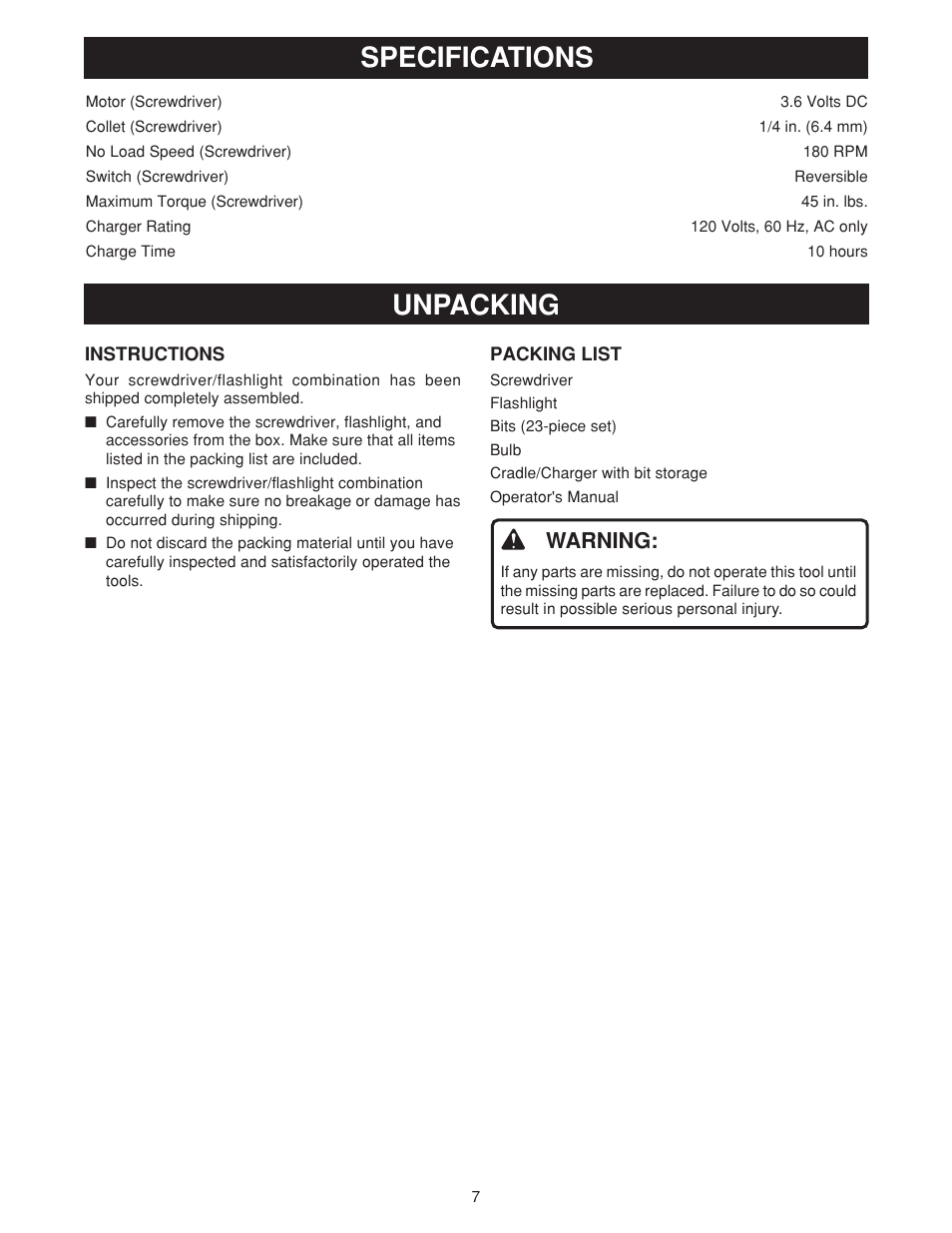 Specifications unpacking, Warning | Ryobi HP36KF User Manual | Page 7 / 12