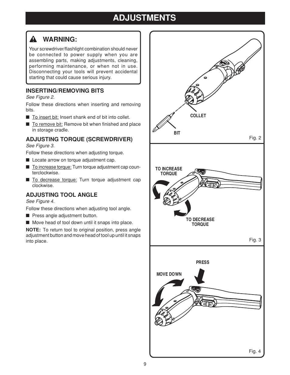 Adjustments, Warning, Inserting/removing bits | Adjusting torque (screwdriver), Adjusting tool angle | Ryobi HP36KF User Manual | Page 9 / 12