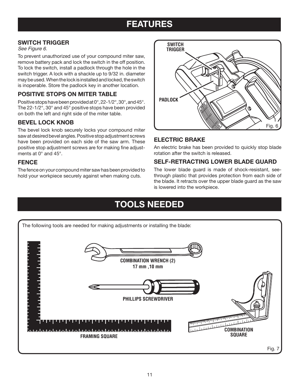 Features, Tools needed | Ryobi P550 User Manual | Page 11 / 32