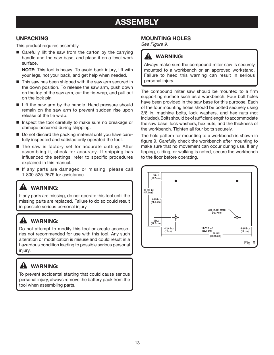 Assembly, Unpacking, Warning | Mounting holes | Ryobi P550 User Manual | Page 13 / 32