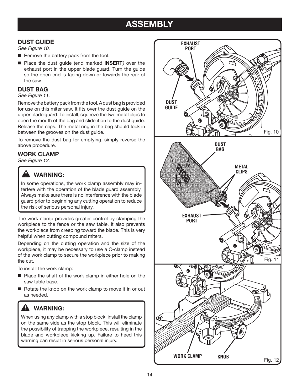 Assembly, Dust guide, Dust bag | Work clamp, Warning, See figure 12, Exhaust port dust guide fig. 10, Exhaust port dust bag metal clips fig. 11, Fig. 12 work clamp knob | Ryobi P550 User Manual | Page 14 / 32