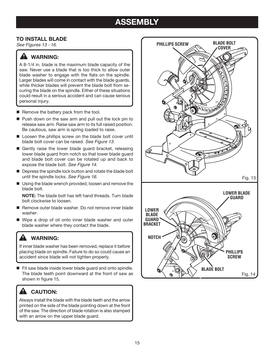 Assembly, Warning, Caution | Ryobi P550 User Manual | Page 15 / 32