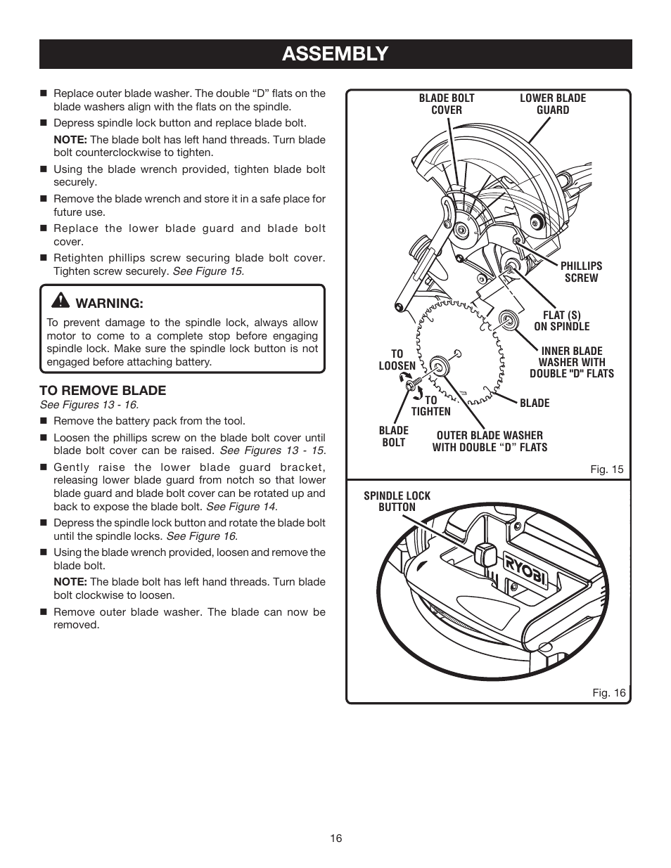 Assembly, Warning | Ryobi P550 User Manual | Page 16 / 32