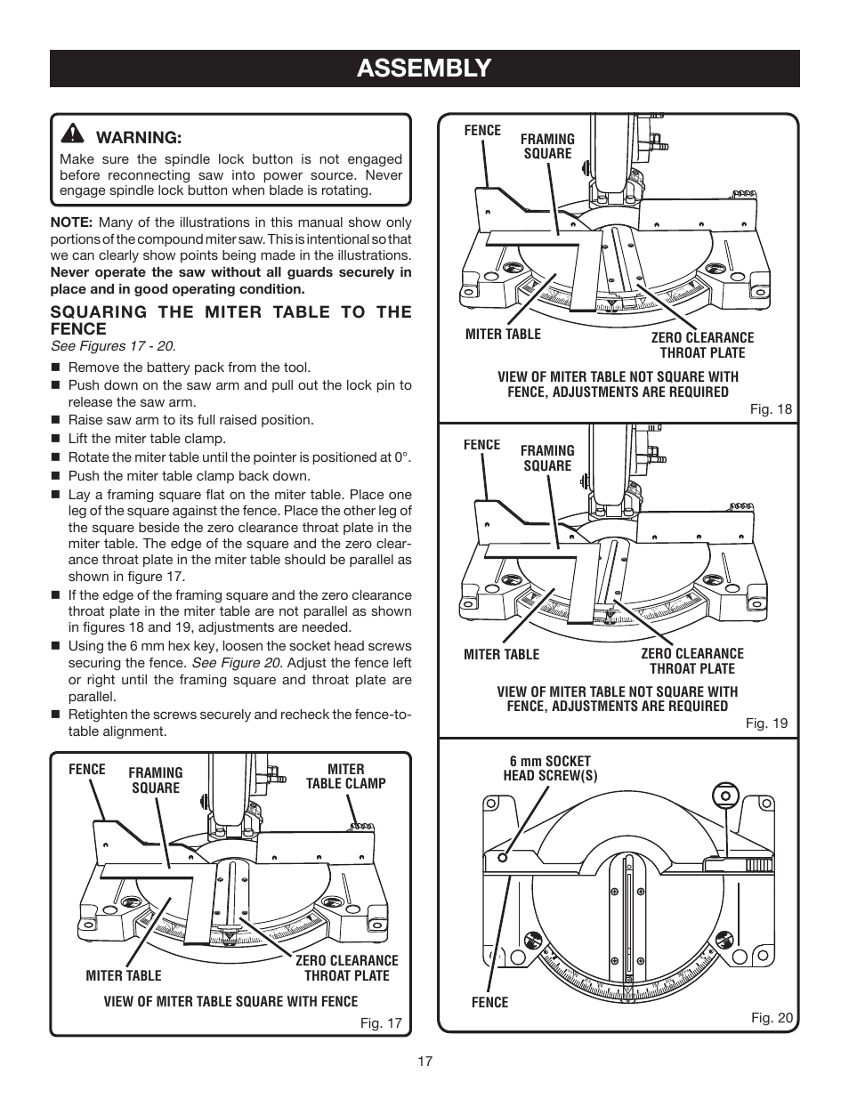 Assembly, Warning, Squaring the miter table to the fence | Ryobi P550 User Manual | Page 17 / 32