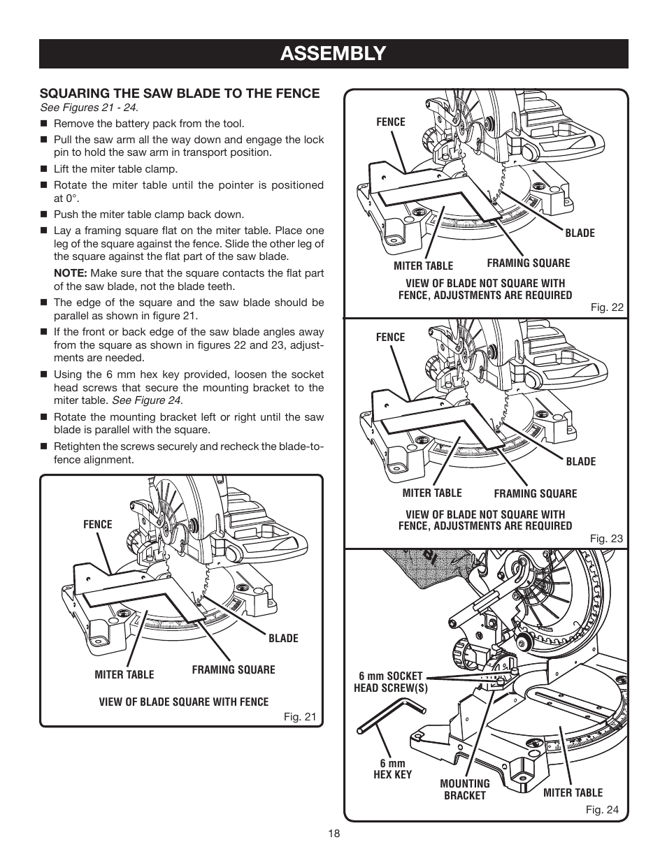Assembly, Squaring the saw blade to the fence | Ryobi P550 User Manual | Page 18 / 32