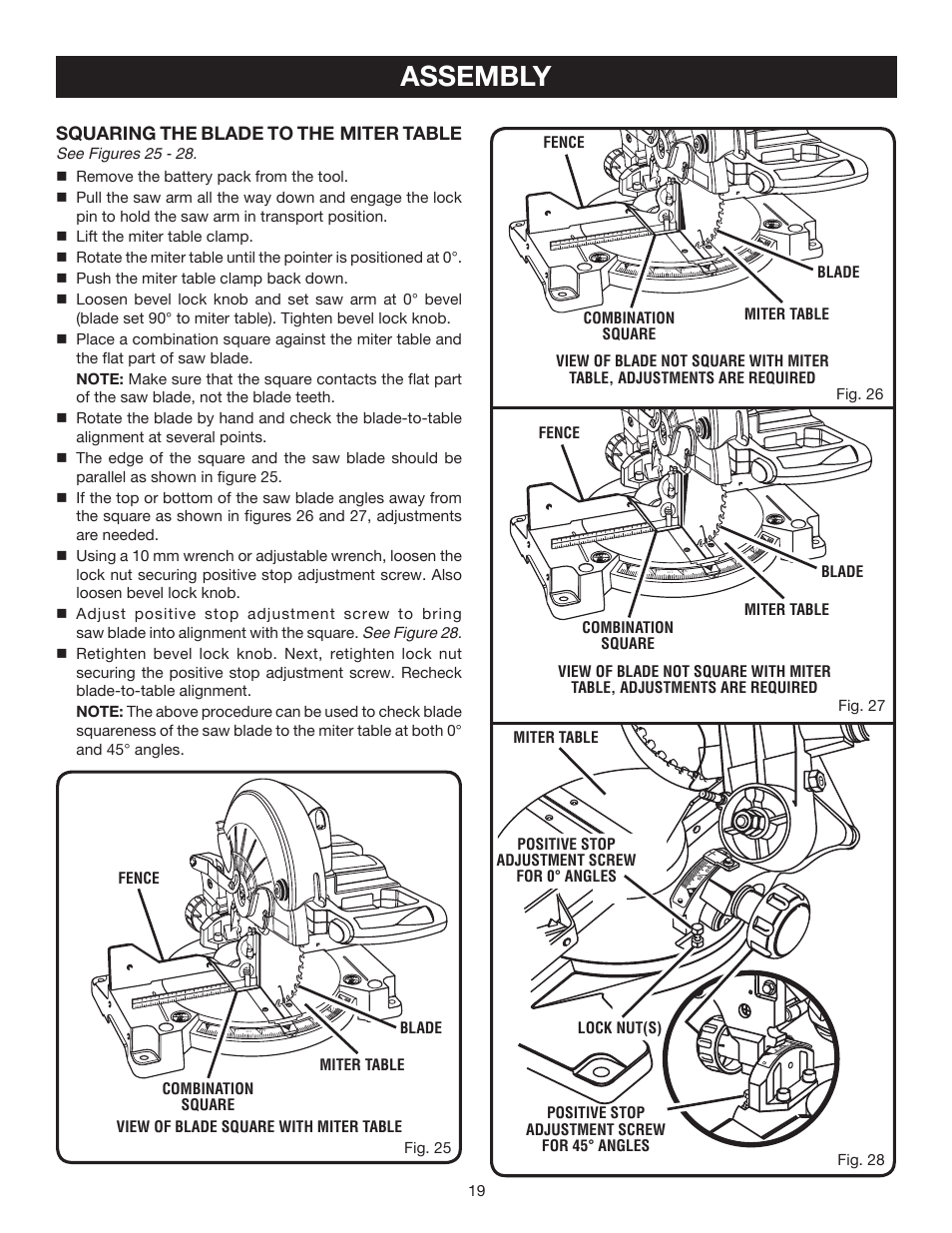 Assembly, Squaring the blade to the miter table, Combination square fence miter table blade | Ryobi P550 User Manual | Page 19 / 32