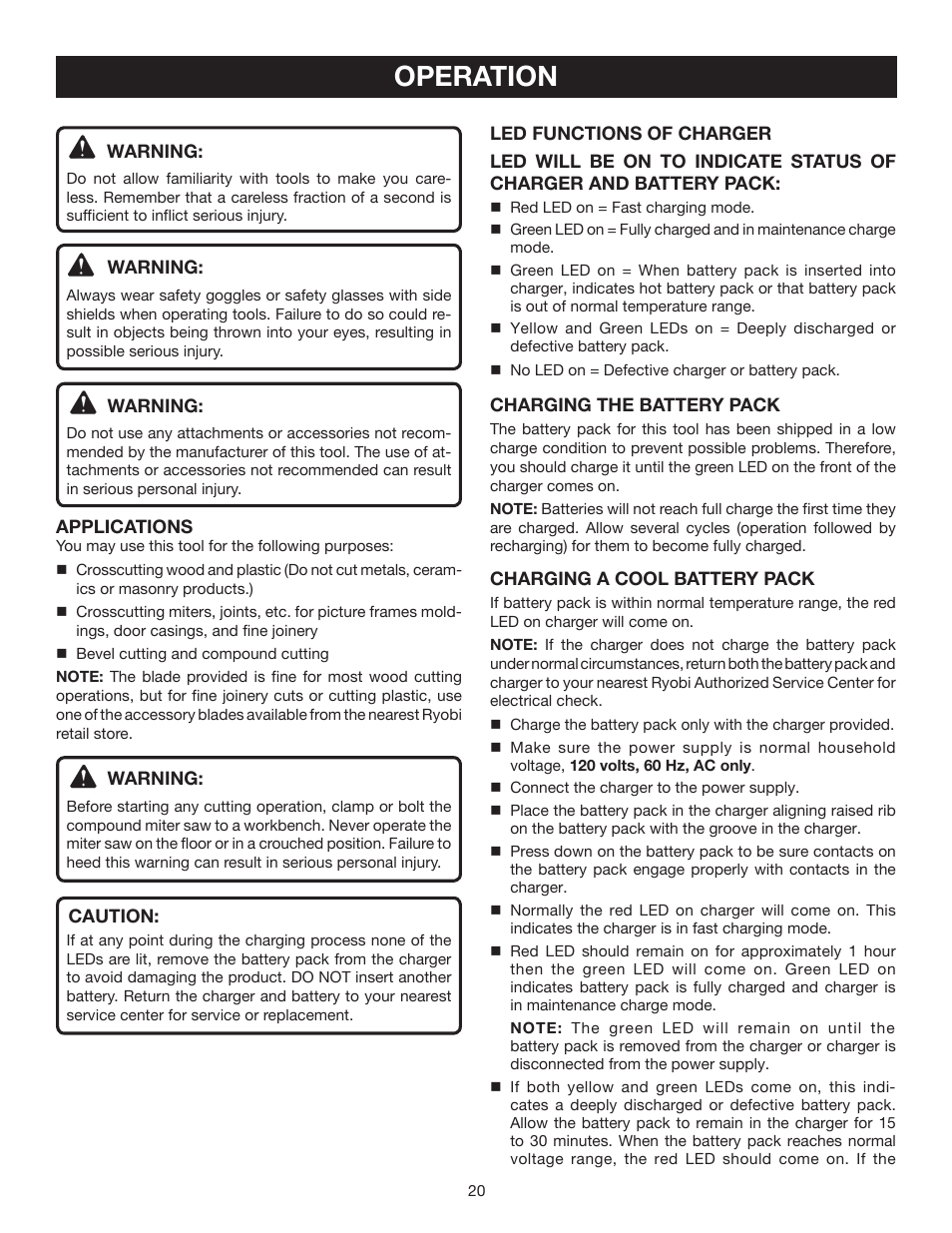 Operation | Ryobi P550 User Manual | Page 20 / 32