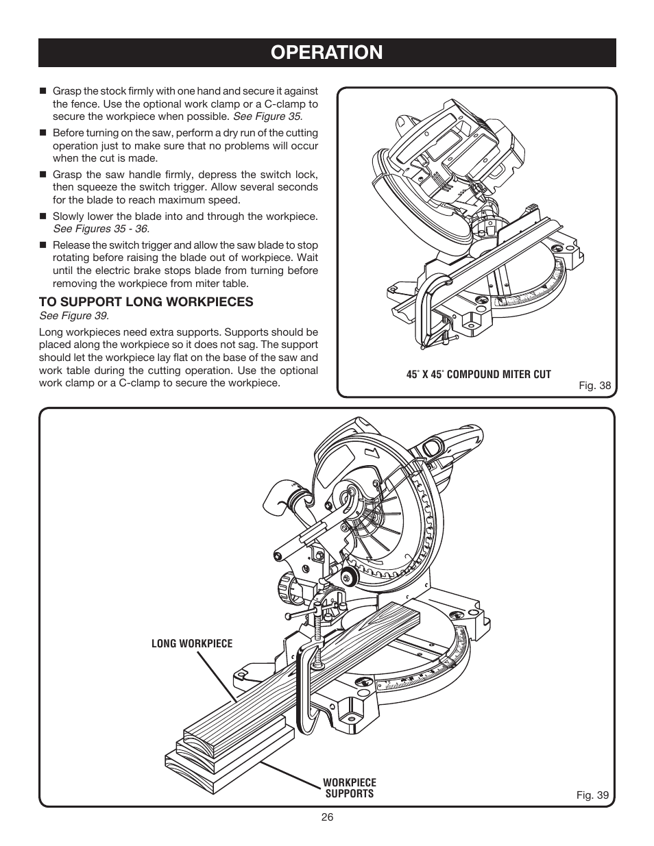 Operation, X 45, Compound miter cut | Long workpiece workpiece supports | Ryobi P550 User Manual | Page 26 / 32