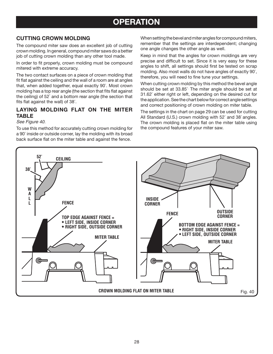 Operation, Cutting crown molding, Laying molding flat on the miter table | Ryobi P550 User Manual | Page 28 / 32