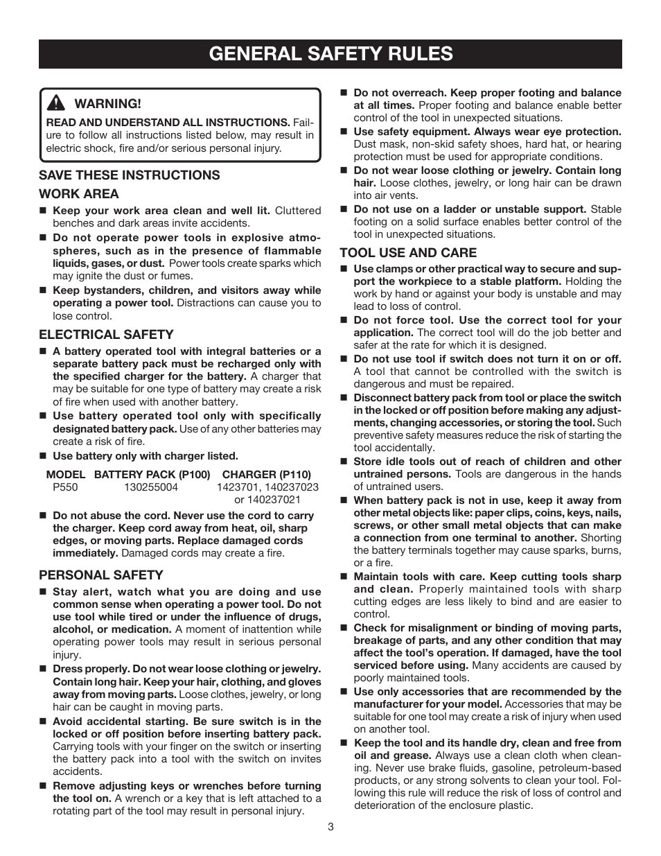 General safety rules | Ryobi P550 User Manual | Page 3 / 32