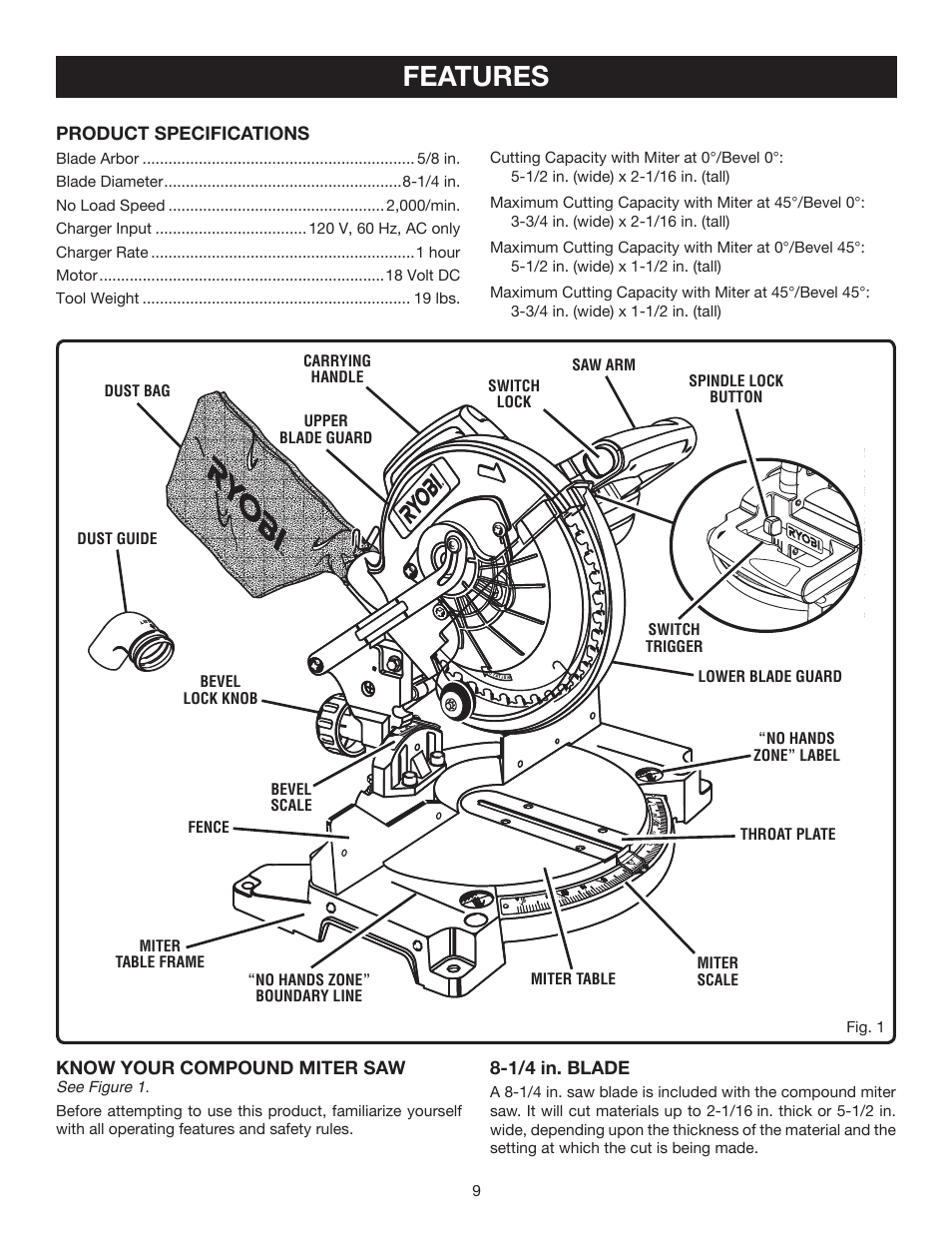 Features, Product specifications, Know your compound miter saw | 1/4 in. blade | Ryobi P550 User Manual | Page 9 / 32